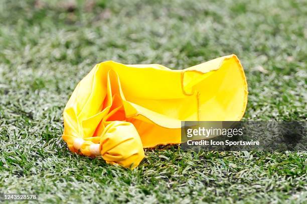 General view of a penalty flag on the field during the National Football League game between the New York Jets and the Cincinnati Bengals on...