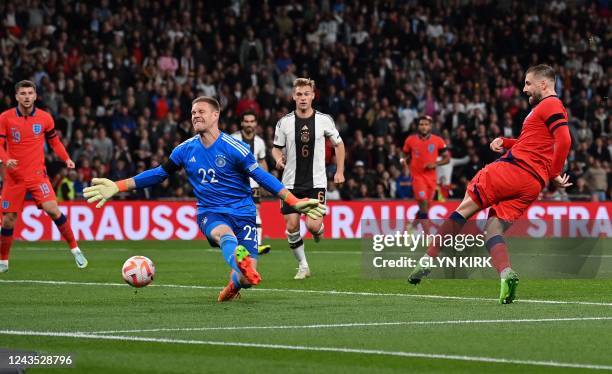 England's defender Luke Shaw scores the team's first goal past Germany's goalkeeper Marc-Andre ter Stegen during the UEFA Nations League group A3...
