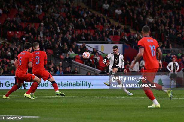 Germany's midfielder Kai Havertz scores the team's second goal during the UEFA Nations League group A3 football match between England and Germany at...