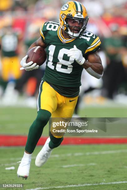 Green Bay Packers Wide Receiver Randall Cobb carries the ball during the regular season game between the Green Bay Packers and the Tampa Bay...