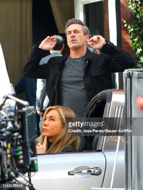Jennifer Aniston and Jon Hamm are seen filming "The Morning Show" on September 26, 2022 in New York City.