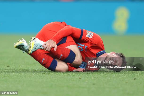 Mason Mount of England goes down injured during the UEFA Nations League League A Group 3 match between England and Germany at Wembley Stadium on...