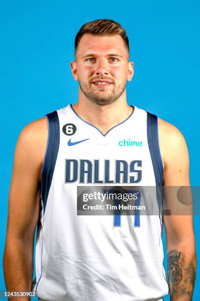 Luka Doncic of the Dallas Mavericks poses for a head shot during NBA Media Day on September 26, 2022 at American Airlines Center in Dallas, Texas....