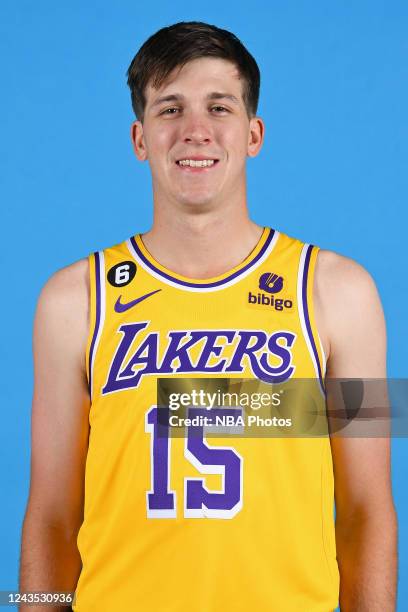 Austin Reaves of the Los Angeles Lakers poses for a head shot during NBA Media day at UCLA Health Training Center on September 26, 2022 in El...