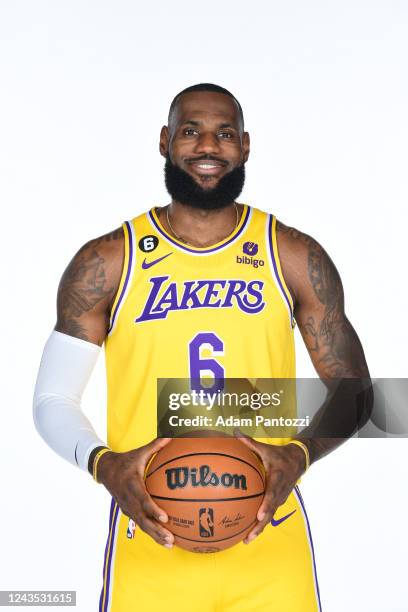 LeBron James of the Los Angeles Lakers poses for a photo during NBA Media day at UCLA Health Training Center on September 26, 2022 in El Segundo,...