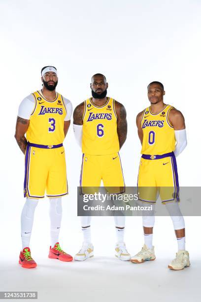 Anthony Davis, LeBron James and Russell Westbrook of the Los Angeles Lakers pose for a photo during NBA Media day at UCLA Health Training Center on...