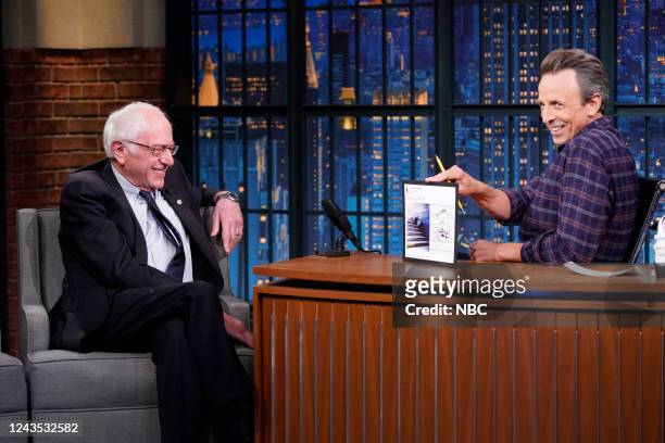 Episode 1335 -- Pictured: Senator Bernie Sanders during an interview with host Seth Meyers on September 26, 2022 --
