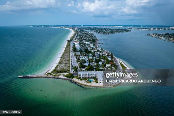 An aerial view of St. Pete Beach as Hurricane Ian approaches Florida on September 26, 2022. - In Florida, the city of Tampa was under a hurricane...