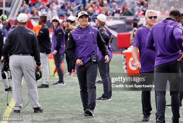 Baltimore Ravens defensive coordinator Mike Macdonald before a game between the New England Patriots and the Baltimore Ravens on September 25 at...