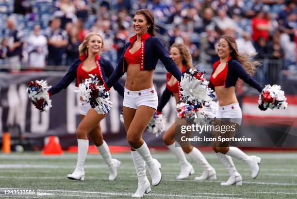 Patriots cheerleaders dance before a game between the New England Patriots and the Baltimore Ravens on September 25 at Gillette Stadium in...