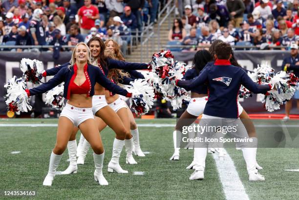 Patriots cheerleaders dance during a game between the New England Patriots and the Baltimore Ravens on September 25 at Gillette Stadium in...