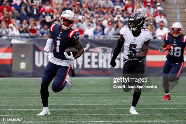 New England Patriots wide receiver DeVante Parker runs after a catch during a game between the New England Patriots and the Baltimore Ravens on...