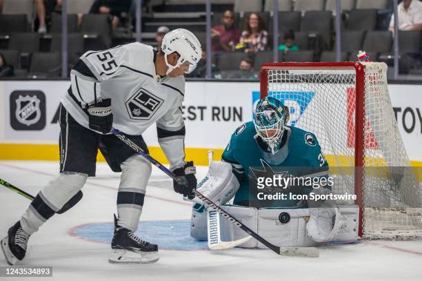 San Jose Sharks Goalie Kaapo Kahkonen blocks a shot by Los Angeles Kings Center Quinton Byfield during the third period of a preseason NHL hockey...