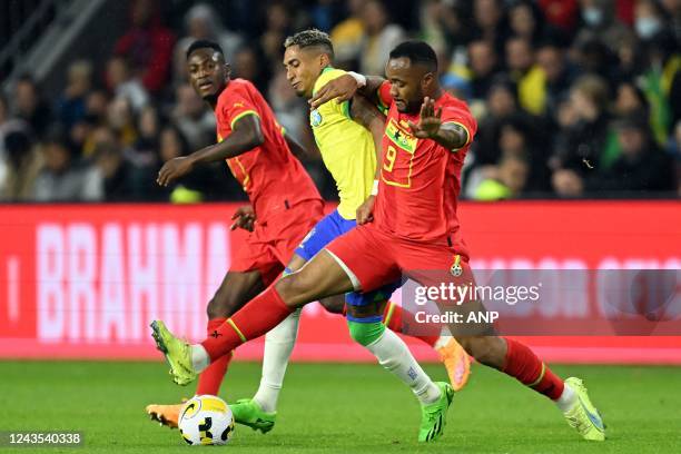 Baba Rahman of Ghana, Raphinha of Brasil, Jordan Pierre Ayew of Ghana during the International Friendly between Brazil and Ghana at Stade Oceane on...