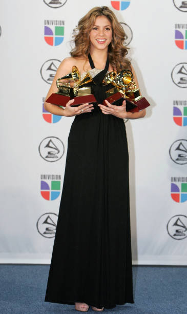 Shakira holds her four Grammy Awards during the 7th Annual Latin Grammy Awards 02 November 2006 at Madison Square Garden in New York. The Latin...