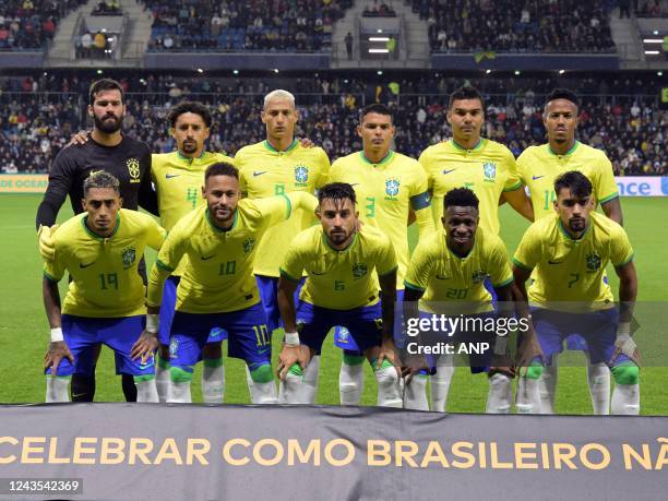 Brasil goalkeeper Alisson , Marquinhos of Brasil, Richarlison of Brasil, Thiago Silva of Brasil, Casimiro of Brasil, Eder Militao of Brasil Raphinha...