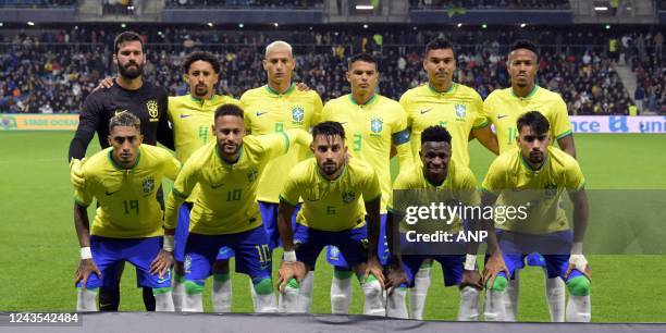 Brasil goalkeeper Alisson , Marquinhos of Brasil, Richarlison of Brasil, Thiago Silva of Brasil, Casimiro of Brasil, Eder Militao of Brasil Raphinha...