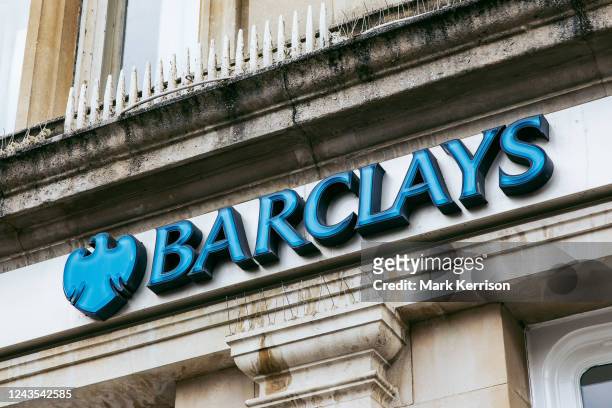 Sign is pictured outside a branch of Barclays Bank on 27 September 2022 in Windsor, United Kingdom. Banks and building societies have withdrawn some...