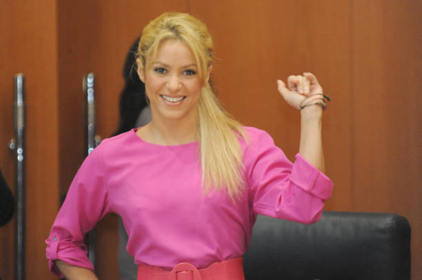 Colombian singer, songwriter, musician, record producer, dancer, and philanthropist Shakira arrives at a press conference in Rabbat on May 28, 2011....