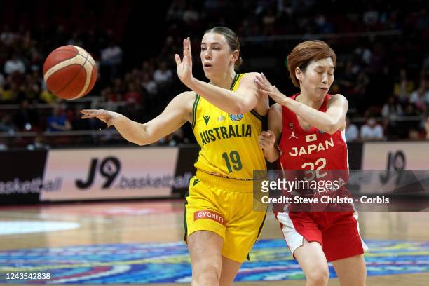 Australia's Sara Blicavs is challenged by Japans Saori Miyazaki during the 2022 FIBA Women's Basketball World Cup Group A match between Australia and...