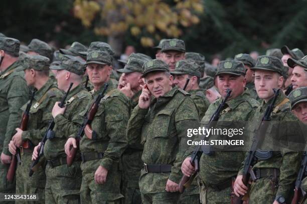 Reservists drafted during the partial mobilisation attend a departure ceremony in Sevastopol, Crimea, on September 27, 2022. - Russian President...