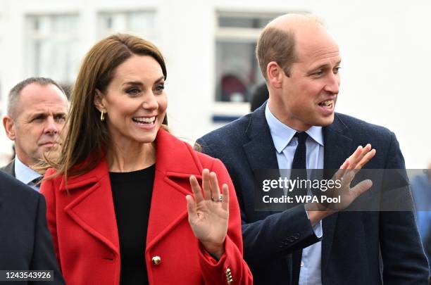 Prince William, Prince of Wales and Catherine, Princess of Wales during their visit to the RNLI Holyhead Lifeboat Station, during a visit to Wales on...