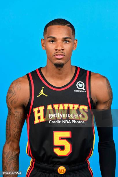 Dejounte Murray of the Atlanta Hawks poses for a head shot during NBA Media Day on September 23, 2022 at PC&E Studio in Atlanta, Georgia. NOTE TO...