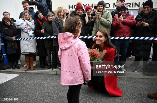 Britain's Catherine, Princess of Wales meets with members of the public following a visit the RNLI Holyhead Lifeboat Station in Anglesey, north west...