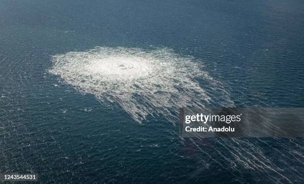 Danish Defense shows the gas leaking at Nord Stream 2 seen from the Danish F-16 interceptor on Bornholm, Denmark on September 27, 2022.