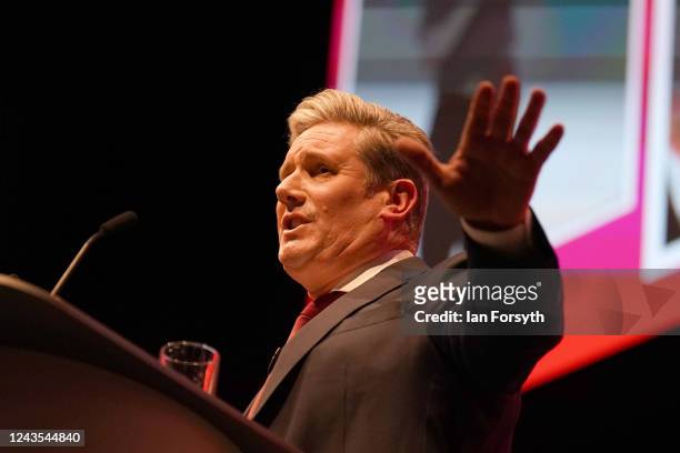 Labour Party leader Keir Starmer holds his key note speech on the third day of the annual Labour Party conference on September 27, 2022 in Liverpool,...