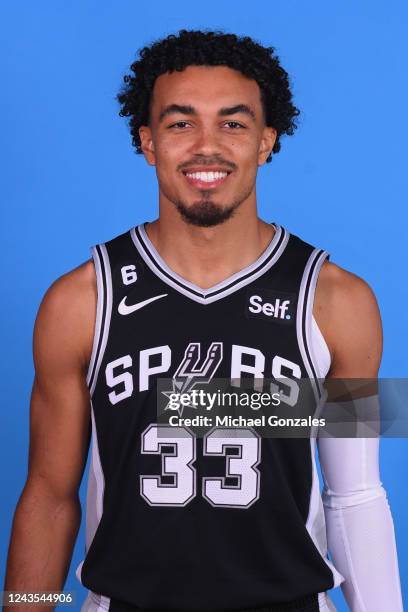 Tre Jones of the San Antonio Spurs poses for a head shot during NBA Media Day on September 26, 2022 at the AT&T Center in San Antonio, Texas. NOTE TO...