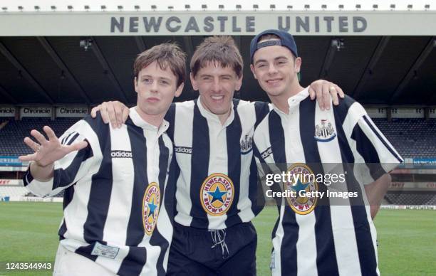 Newcastle United striker Peter Beardsley is joined by entertainers Ant and Dec at the launch at St James' Park on May 10, 1995 of the new adidas...