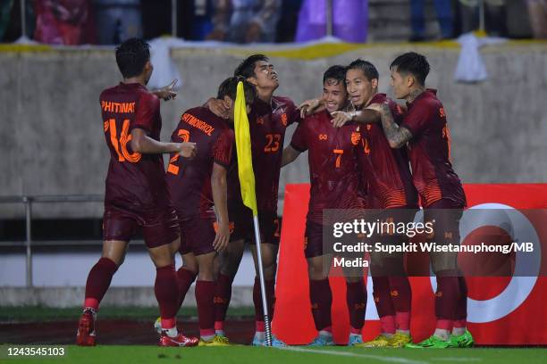 Supachok Sarachat of Thailand celebrates after team's second goal during the international friendly match between Thailand and Trinidad and Tobago at...