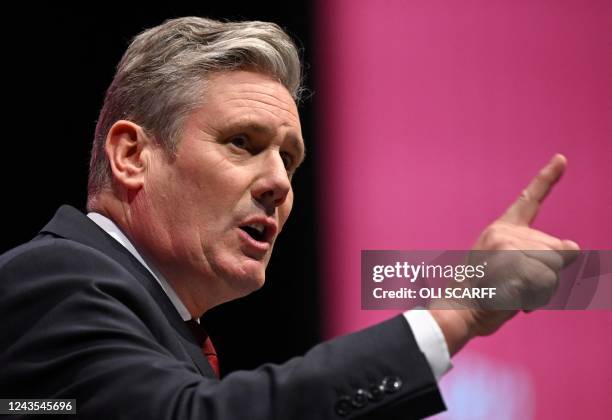 Britain's main opposition Labour Party leader Keir Starmer delivers his keynote address to delegates third day of the annual Labour Party conference...