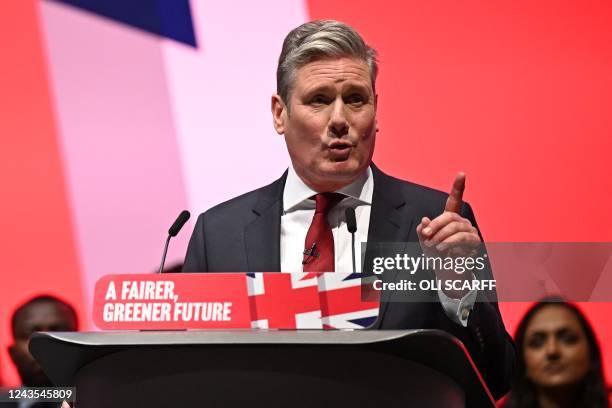 Britain's main opposition Labour Party leader Keir Starmer delivers his keynote address to delegates third day of the annual Labour Party conference...