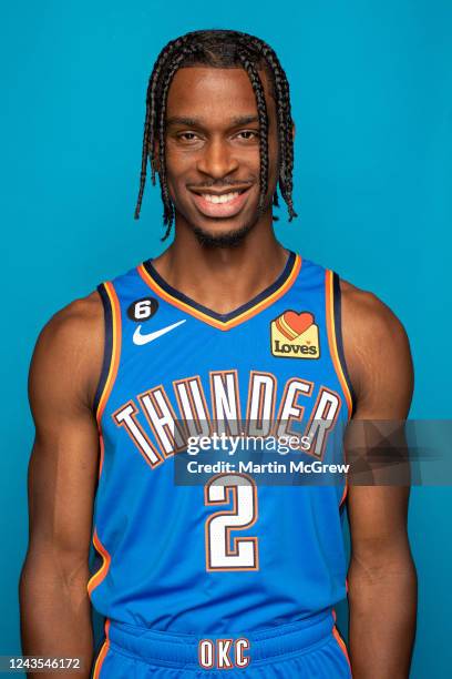 Shai Gilgeous-Alexander of the Oklahoma City Thunder poses for a head shot during NBA Media Day on September 26, 2022 at the Paycom Center in...