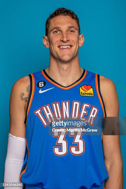 Mike Muscala of the Oklahoma City Thunder poses for a head shot during NBA Media Day on September 26, 2022 at the Paycom Center in Oklahoma City,...
