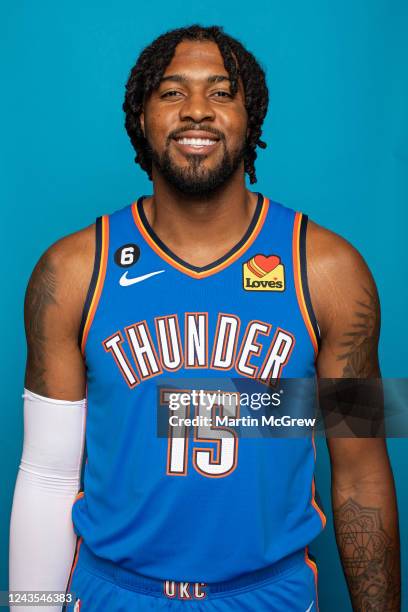 Derrick Favors of the Oklahoma City Thunder poses for a head shot during NBA Media Day on September 26, 2022 at the Paycom Center in Oklahoma City,...