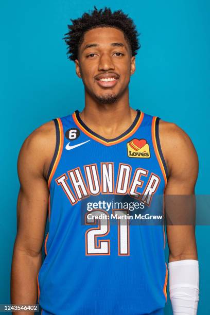 Aaron Wiggins of the Oklahoma City Thunder poses for a head shot during NBA Media Day on September 26, 2022 at the Paycom Center in Oklahoma City,...