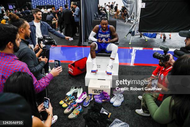 Los Angeles, CA, Monday, September 26, 2022 - John Wall talks with reporters during media day for the LA Clippers at the Honey Training Center.