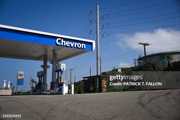 This photograph taken on August 29 along Vista Del Mar Blvd overlooking the Pacific Ocean across from the Chevron El Segundo Refinery in El Segundo,...