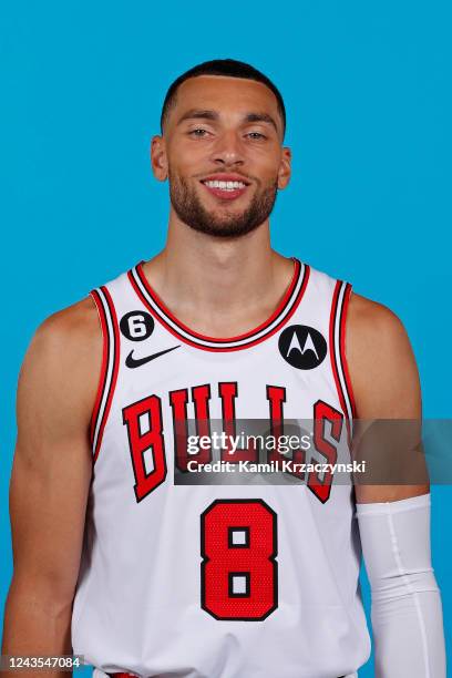 Zach LaVine of the Chicago Bulls poses for a head shot during NBA Media Day on September 26, 2022 at the United Center in Chicago, Illinois. NOTE TO...