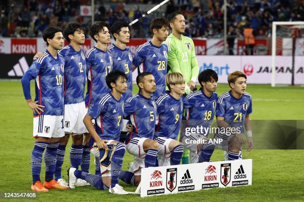 Takumi Minamino of Japan, Miki Yamane of Japan, Ao Tanake of Japan, Shogo Taniguchi of Japan, Shuto Machino of Japan, Japan goalkeeper Daniel Schmidt...