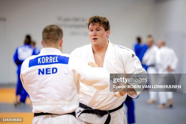 Dutch Judokas Michael Korrel and Jur Spijkers train at EJU training camp Papendal, near Arnhem, on September 27 ahead of the World Judo Championships...