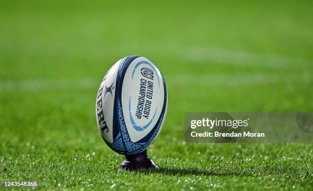 Dublin , Ireland - 23 September 2022; A general view of a rugby ball and a kicking tee during the United Rugby Championship match between Leinster...