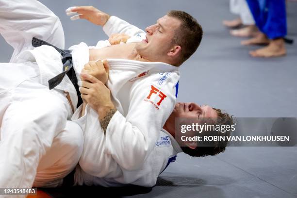 Dutch Judokas Michael Korrel and Jur Spijkers train at EJU training camp Papendal, near Arnhem, on September 27 ahead of the World Judo Championships...