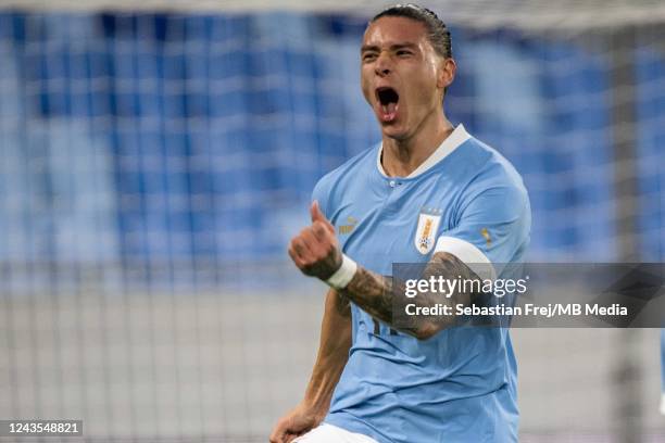 Darwin Nunez of Uruguay celebrates after scoring goal during the international friendly match between Uruguay and Canada at Tehelne pole on September...