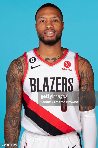 Damian Lillard of the Portland Trail Blazers poses for a head shot during NBA Media Day on September 26, 2022 at the MODA Center in Portland, Oregon....