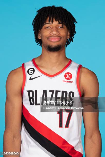 Shaedon Sharpe of the Portland Trail Blazers poses for a head shot during NBA Media Day on September 26, 2022 at the MODA Center in Portland, Oregon....