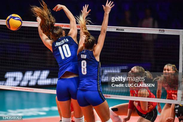 Italy's Cristina Chirichella and Italy's Alessia Orro pictured in action during a volleyball game between Belgian national women's team the Yellow...
